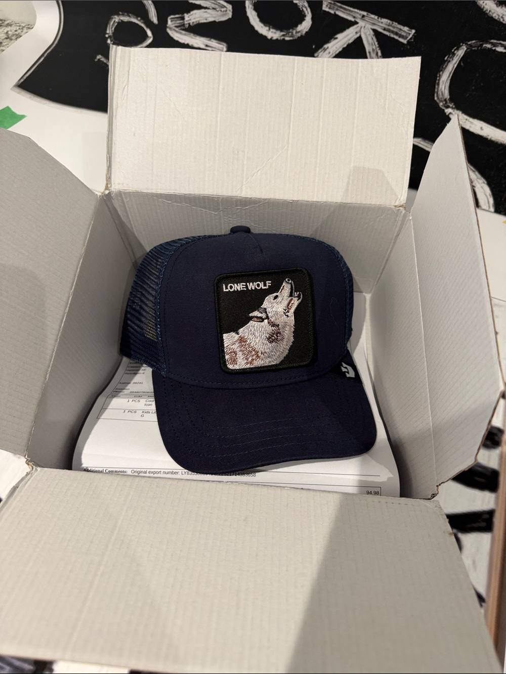 Lone Wolf Kids Navy Blue Trucker Hat with Howling Wolf Patch